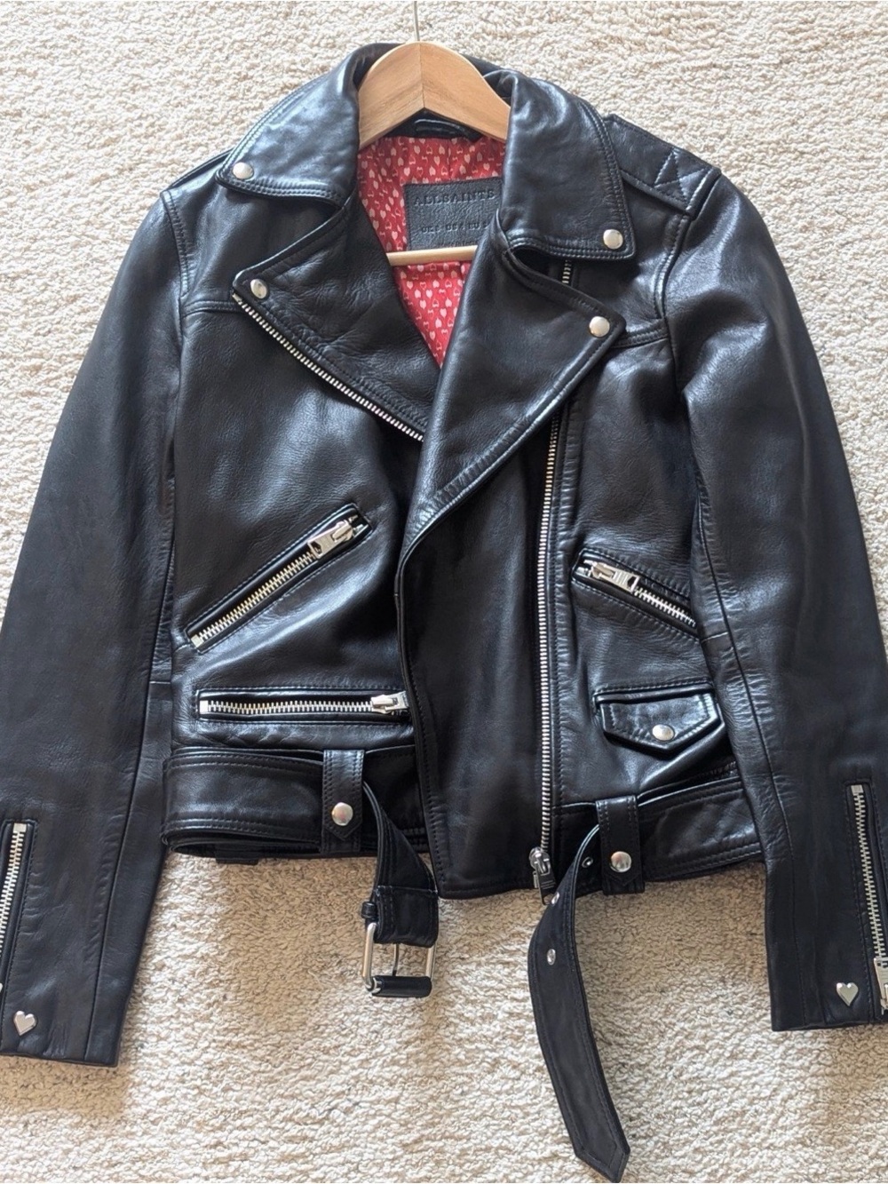 AllSaints Black Leather Moto Jacket with Silver Hardware